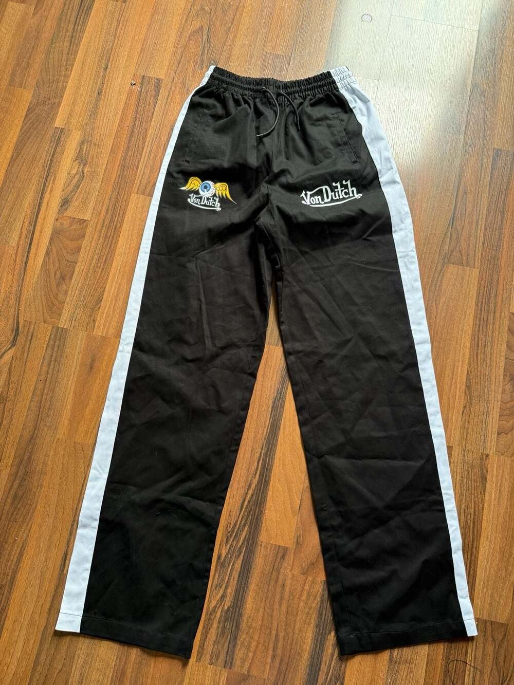 Von Dutch Black and White Side Stripe Track Pants